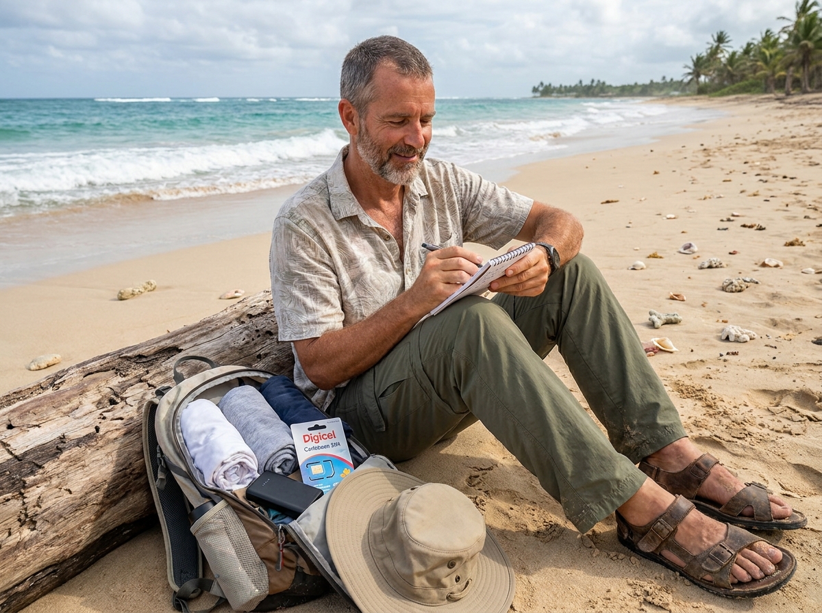 Homme préparant son sac sur la plage des Caraïbes