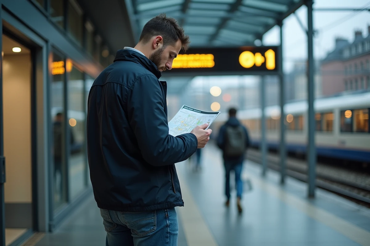 Homme consultant un plan piéton à la sortie de la gare pour rejoindre Lille Europe à pied