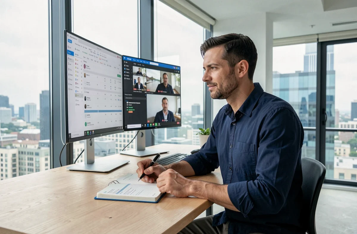 Homme en télétravail avec double écran dans un appartement moderne avec vue sur la ville, gérant son agenda professionnel
