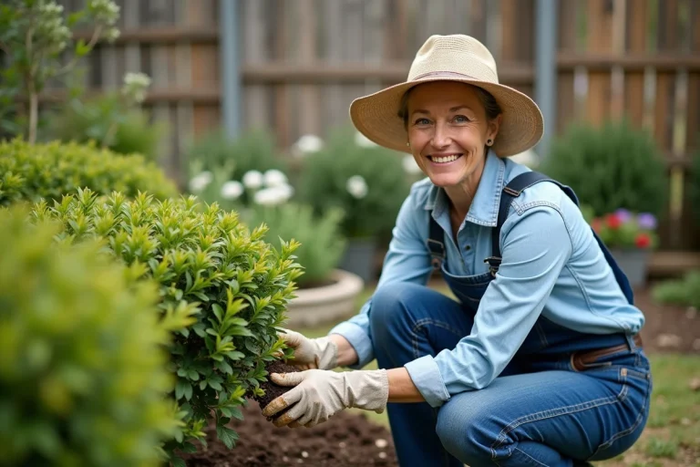 Femme moyenne âge en vêtements de jardinage prune un buisson