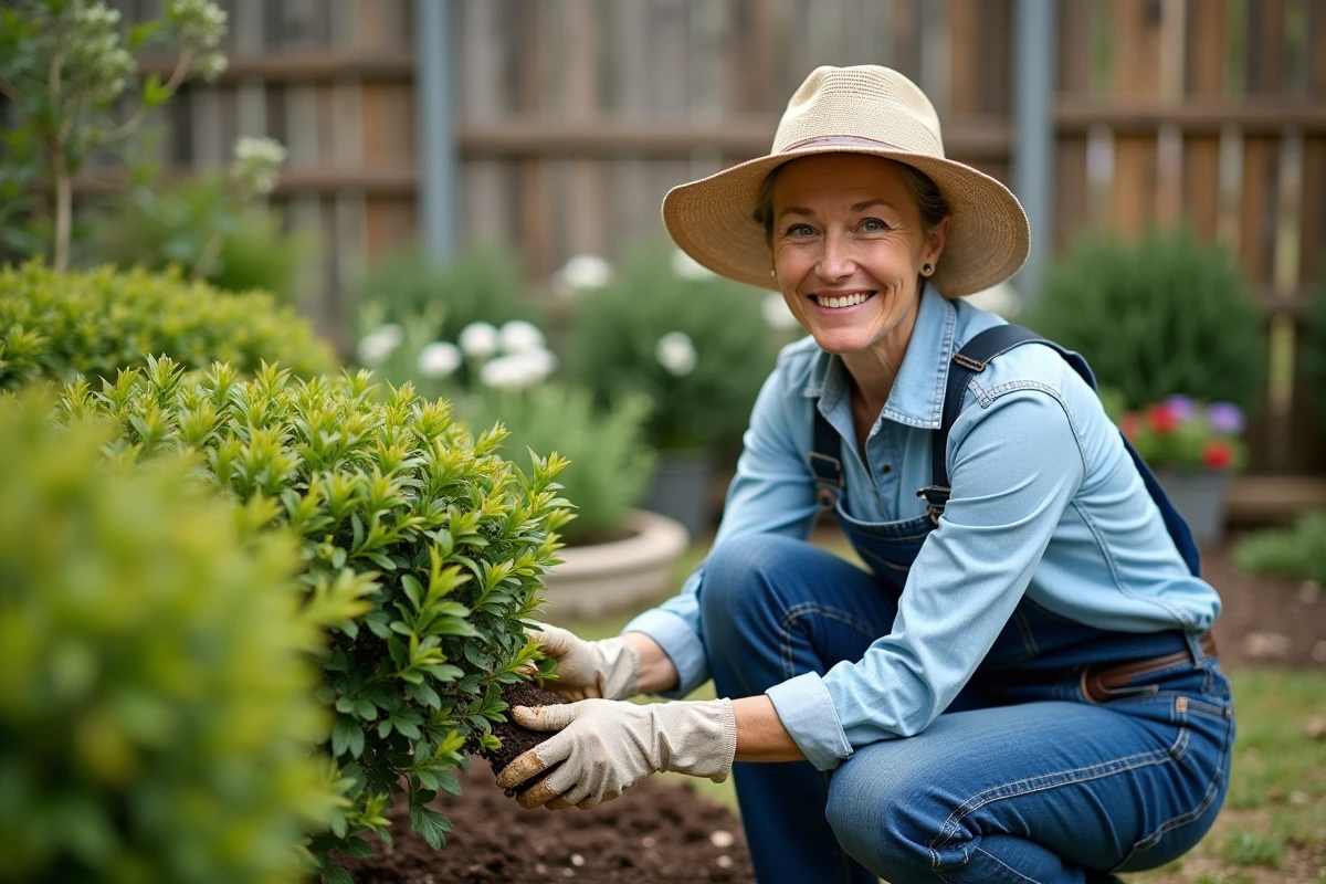 Femme moyenne âge en vêtements de jardinage prune un buisson