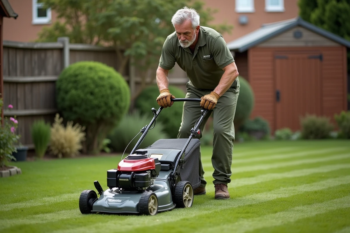Jardinier poussant une tondeuse Viking autotractée sur une pelouse rayée dans un jardin résidentiel