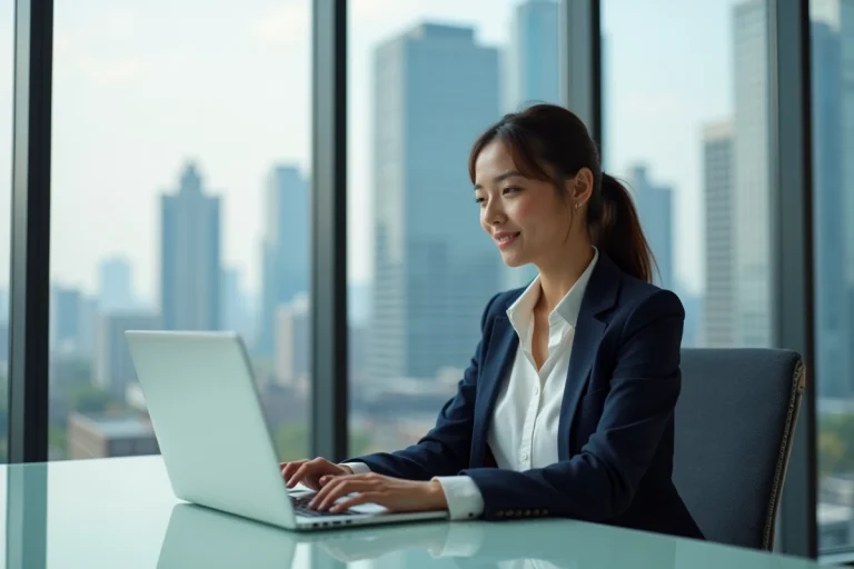 Jeune femme professionnelle au bureau avec ordinateur portable