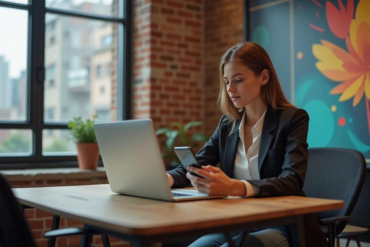 Jeune entrepreneure travaillant sur son ordinateur dans un espace partagé
