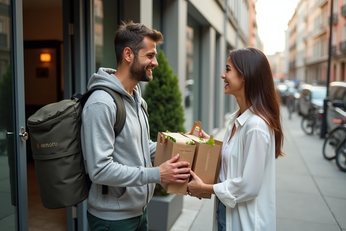 Livreur remettant une commande de plats gourmands emballés à une cliente souriante devant la porte de son appartement en ville