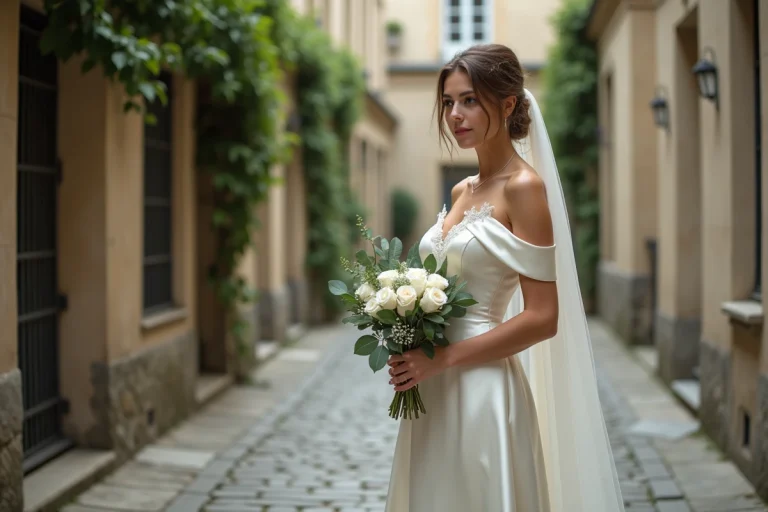 Mariée en robe de mariée ivoire dans une cour parisienne avec des murs en pierre et une grille en fer forgé