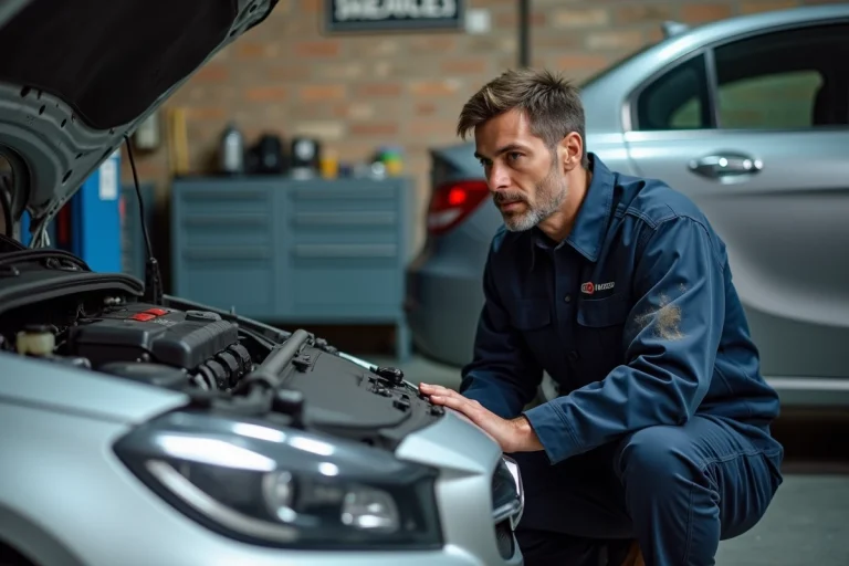 Mécanicien automobile professionnel inspectant le moteur d'une berline dans un garage fiable et équipé