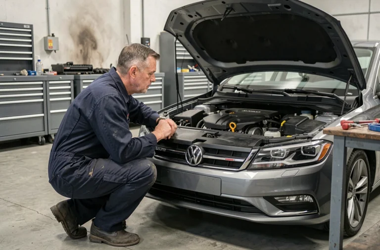 Mécanicien inspectant le moteur diesel d'une berline dans un garage professionnel