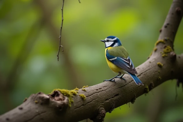 Mésange bleue perchée sur une branche en forêt, symbolisme spirituel et connexion avec la nature