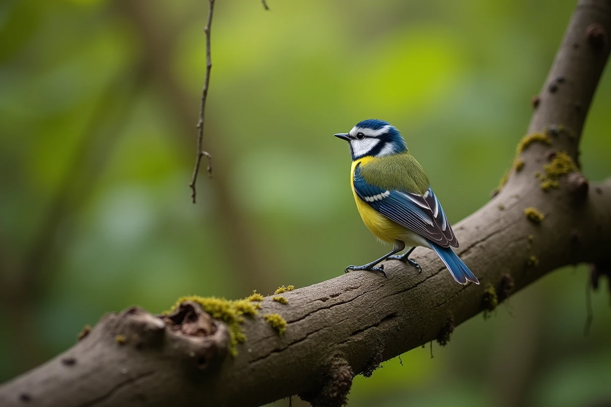Mésange bleue perchée sur une branche en forêt, symbolisme spirituel et connexion avec la nature