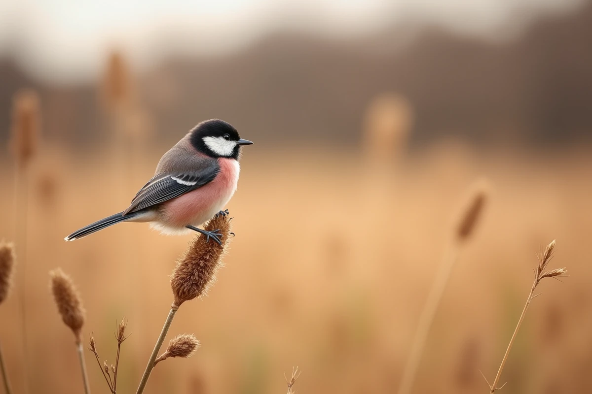 Mésange à longue queue accrochée à une tige séchée en prairie automnale, signification spirituelle et symbolisme