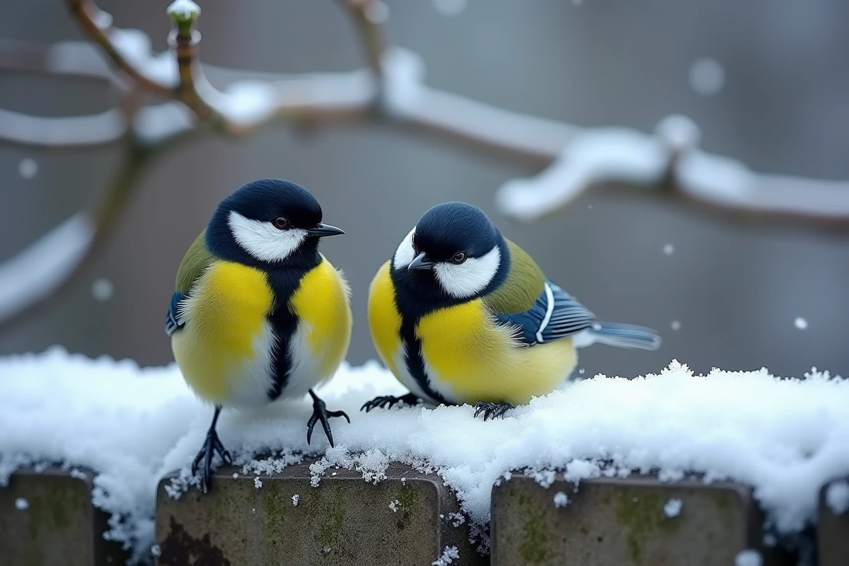 Deux mésanges charbonnières sur un muret de pierre en hiver, symbolisme spirituel de la mésange