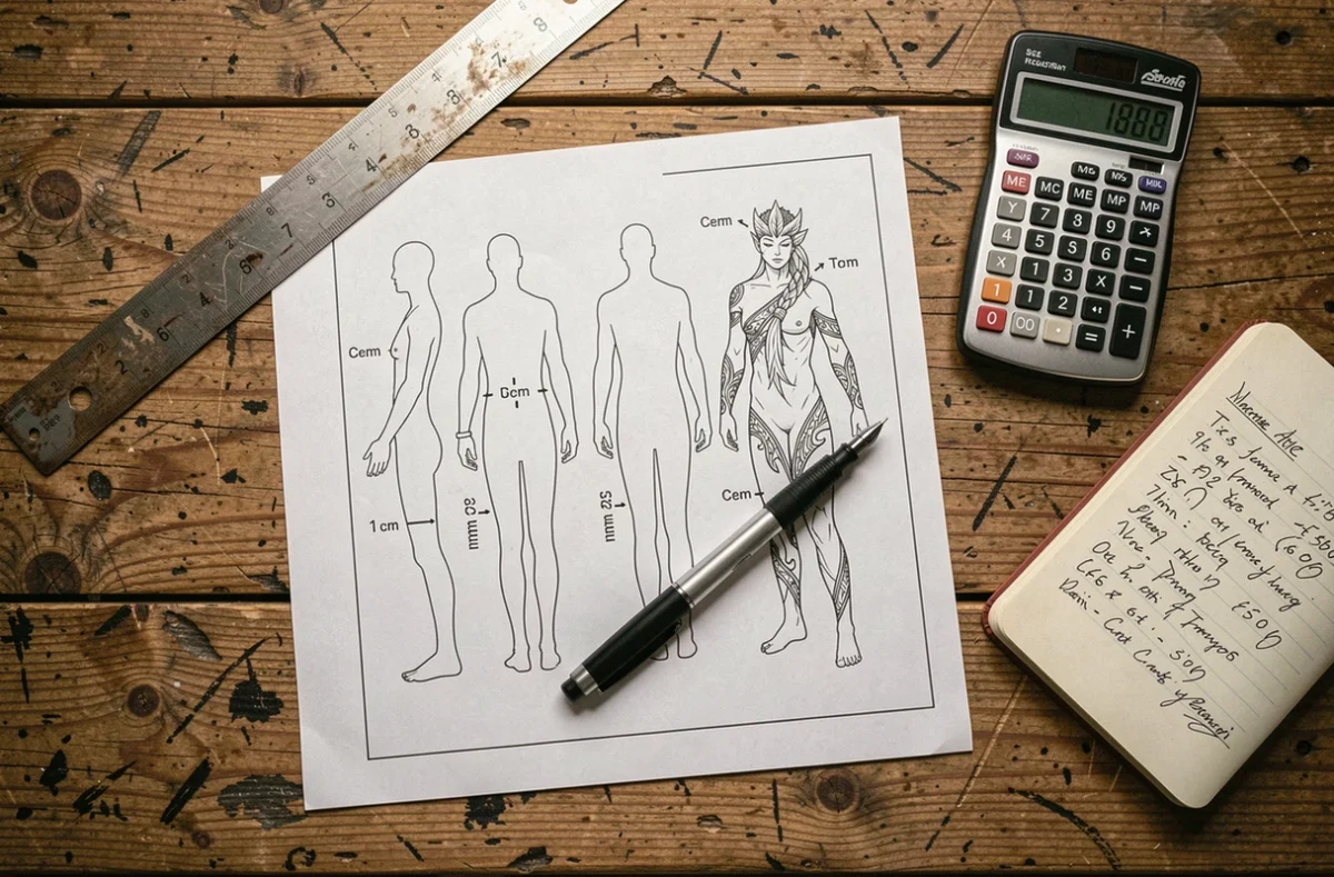 Vue à plat d'outils de calcul du coût d'un tatouage incluant règle, gabarit, calculatrice et grille tarifaire par taille et zone