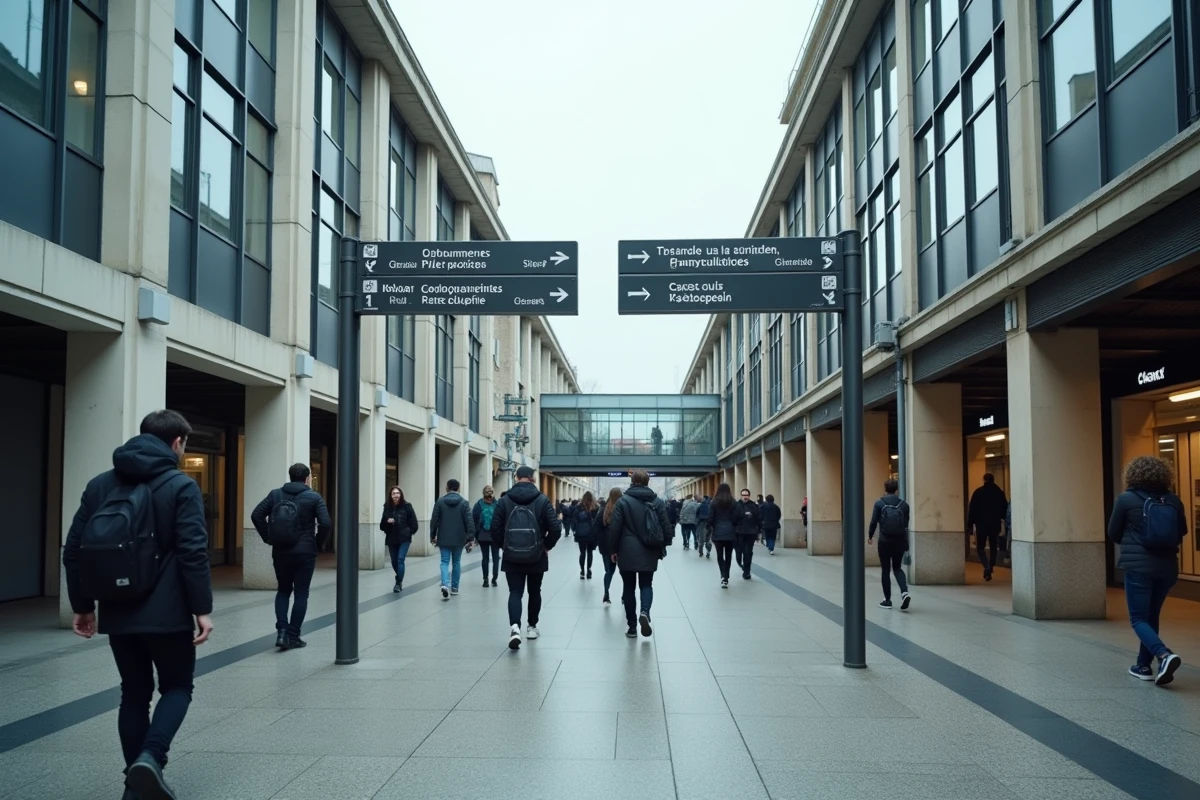 Passage piéton entre la gare Lille Flandres et la gare Lille Europe avec panneaux directionnels