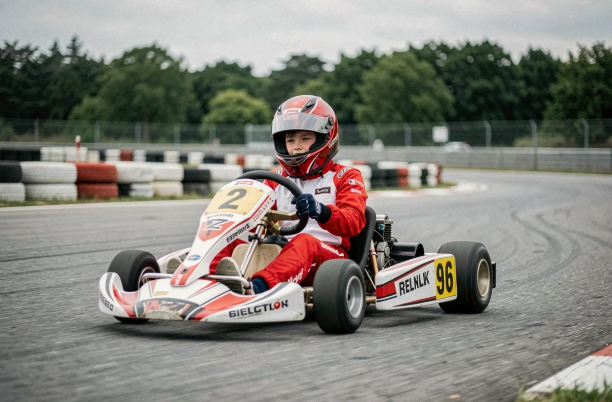 Jeune pilote de karting en pleine action sur un circuit extérieur en Belgique, combinaison rouge et blanche, casque intégral