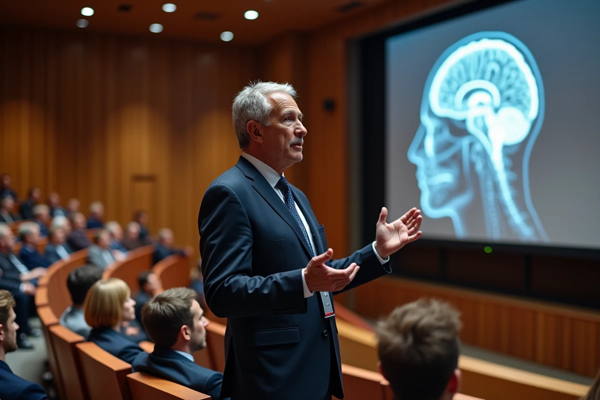 Professeur en neurochirurgie donnant une conférence médicale dans un amphithéâtre de la faculté de médecine de Rennes