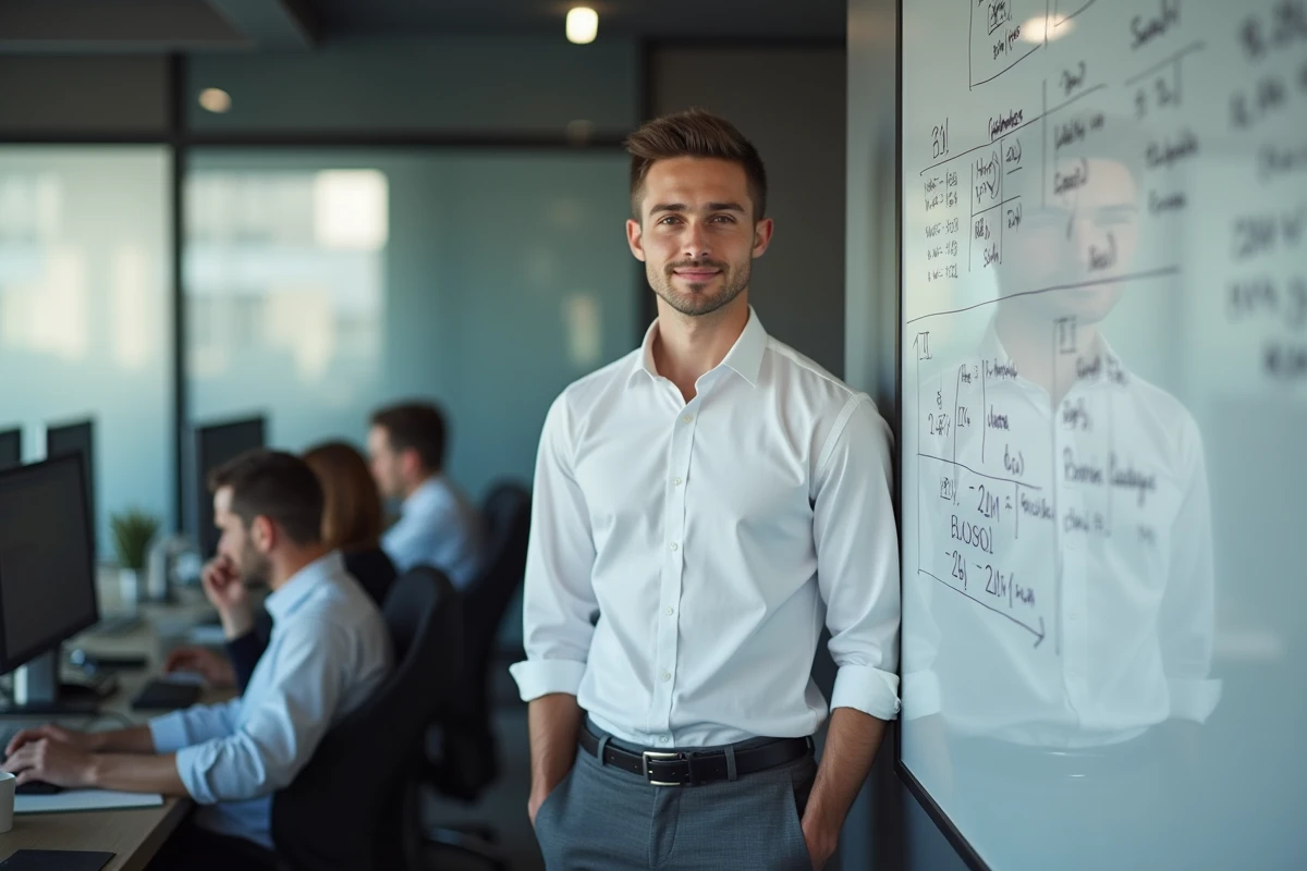 Jeune professionnel issu du master El Karoui devant un tableau de modèles mathématiques dans une salle de réunion bancaire