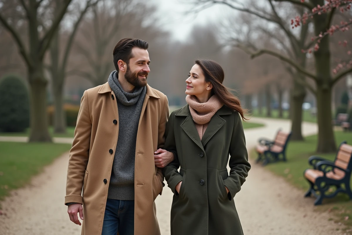 Un couple marche dans un parc au printemps calme