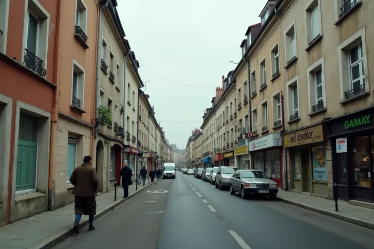 Rue résidentielle d'un quartier sensible de Noisy-le-Grand avec immeubles HLM des années 70 et habitants dans la rue