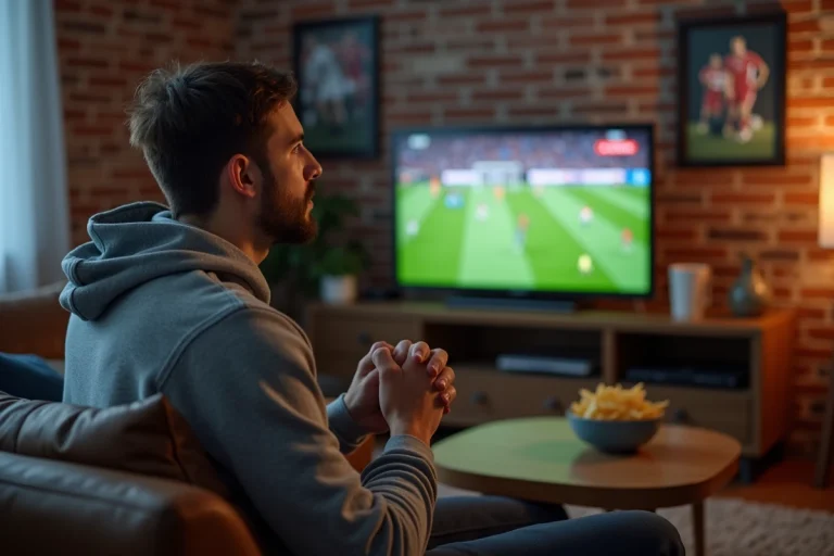 Jeune homme regardant un match de football en streaming sur sa télévision dans son salon