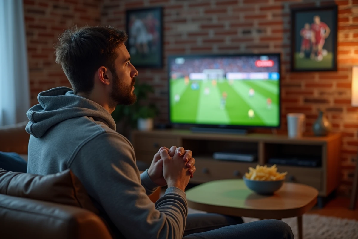 Jeune homme regardant un match de football en streaming sur sa télévision dans son salon