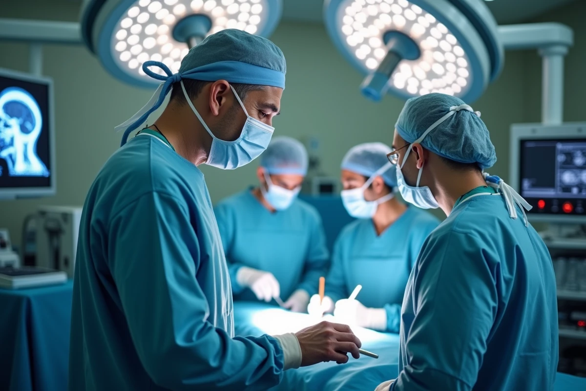 Chirurgien senior en salle d'opération de neurochirurgie discutant avec son équipe médicale autour d'une table d'opération