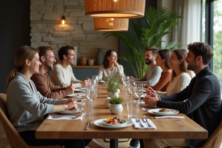 Groupe d'adultes souriants autour d'une table moderne