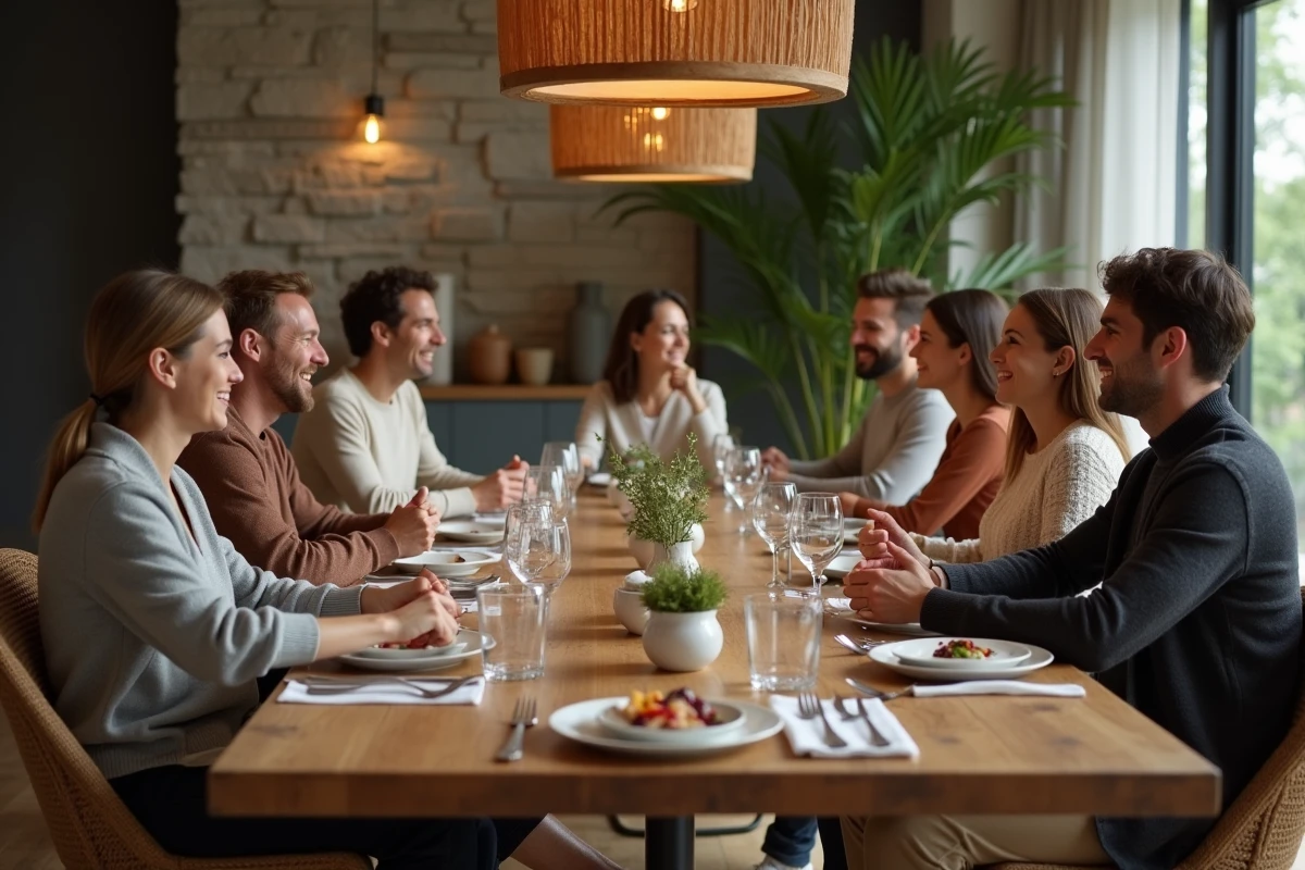 Groupe d'adultes souriants autour d'une table moderne