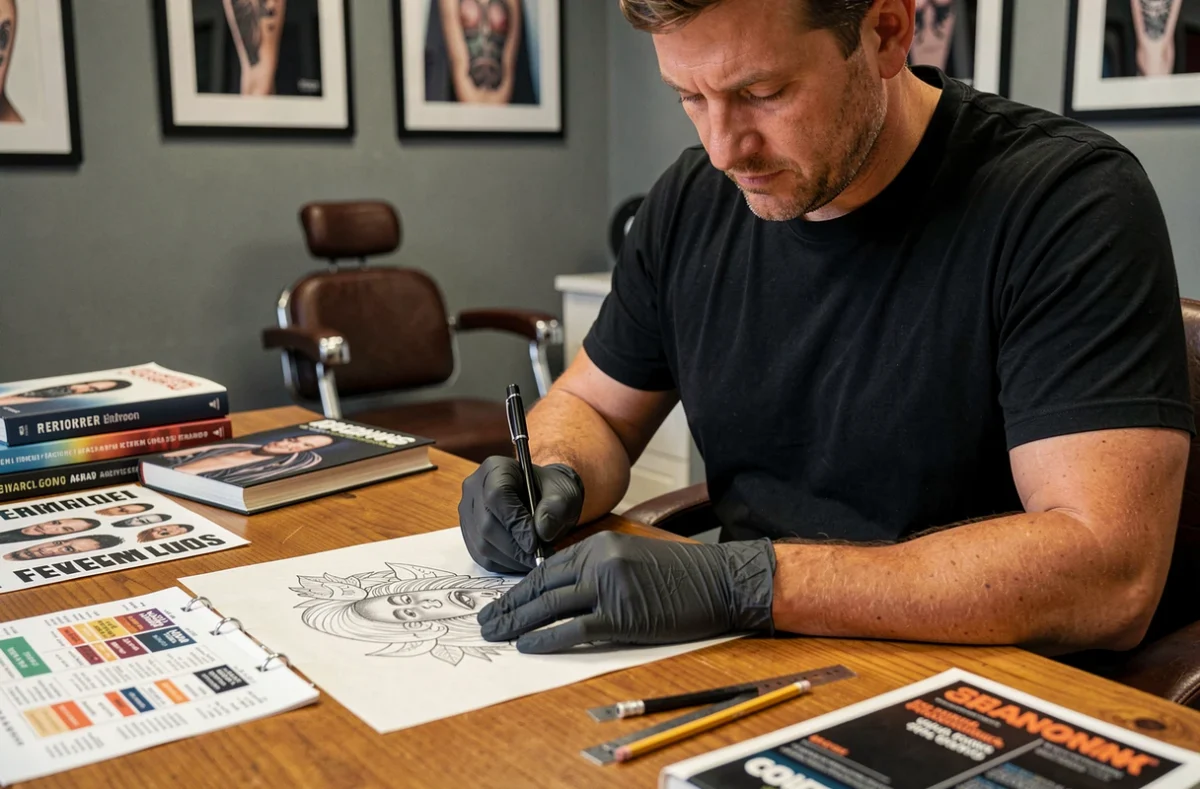 Tatoueur professionnel calculant le coût d'un tatouage en mesurant un dessin personnalisé sur papier calque dans son studio