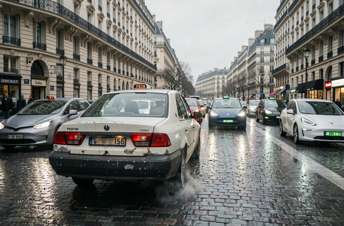 Taxi diesel parisien en circulation au milieu de véhicules électriques dans un carrefour urbain