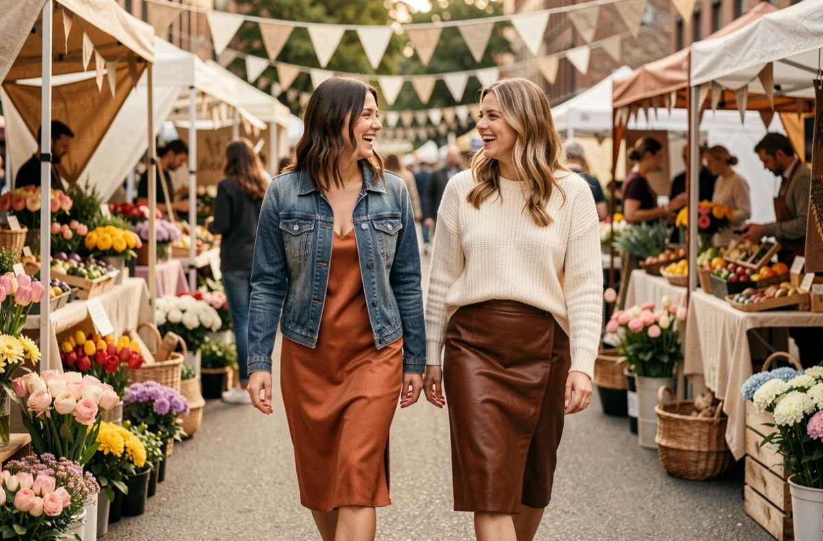 Deux femmes stylées en robe satin terracotta et jupe en cuir marron marchant dans un marché extérieur animé, tendances mode lifestyle