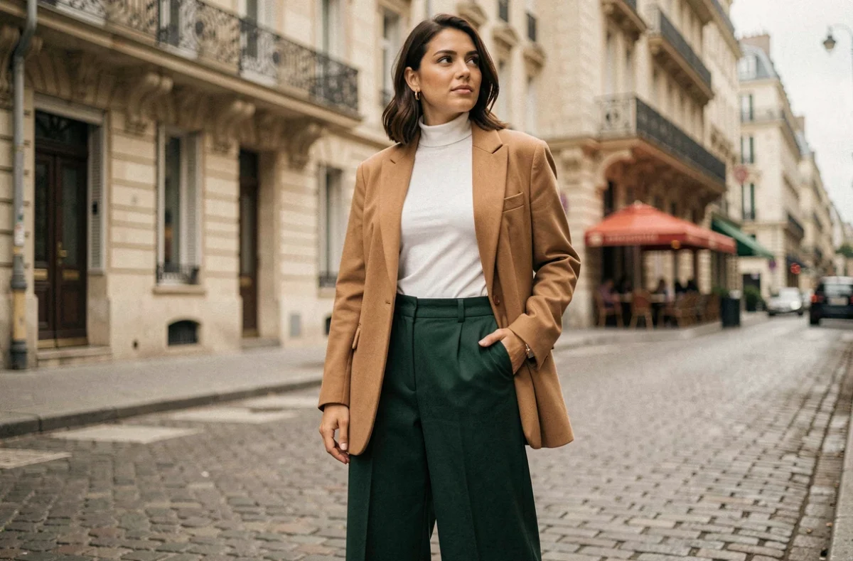 Femme élégante en blazer camel oversize et pantalon large vert forêt dans une rue pavée parisienne, tendances mode automne-hiver