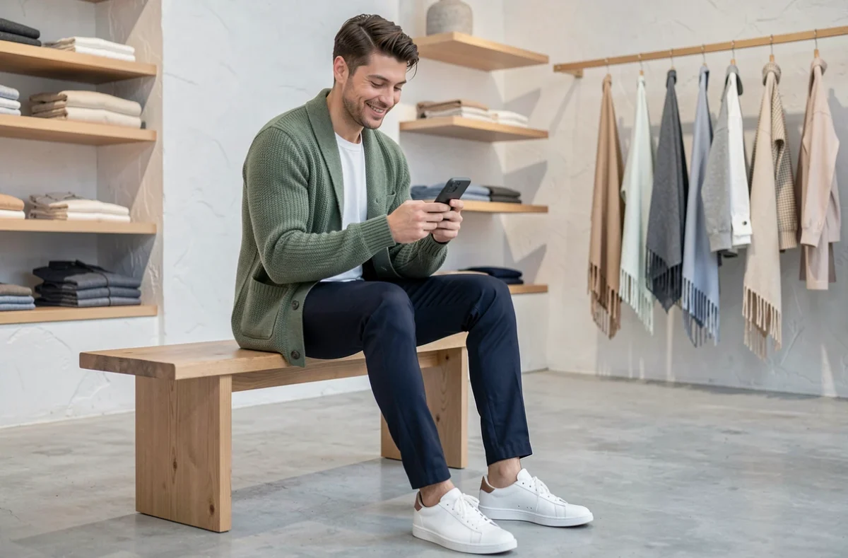 Homme en cardigan vert sauge et chino marine assis dans une boutique de mode minimaliste, style tendance masculin casual chic