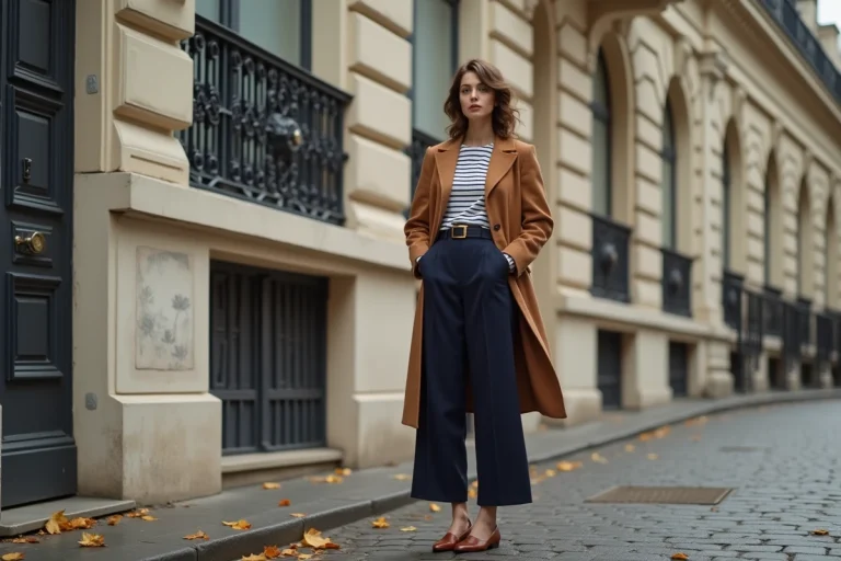 Femme parisienne élégante en manteau camel et pantalon large marine devant une façade haussmannienne en automne