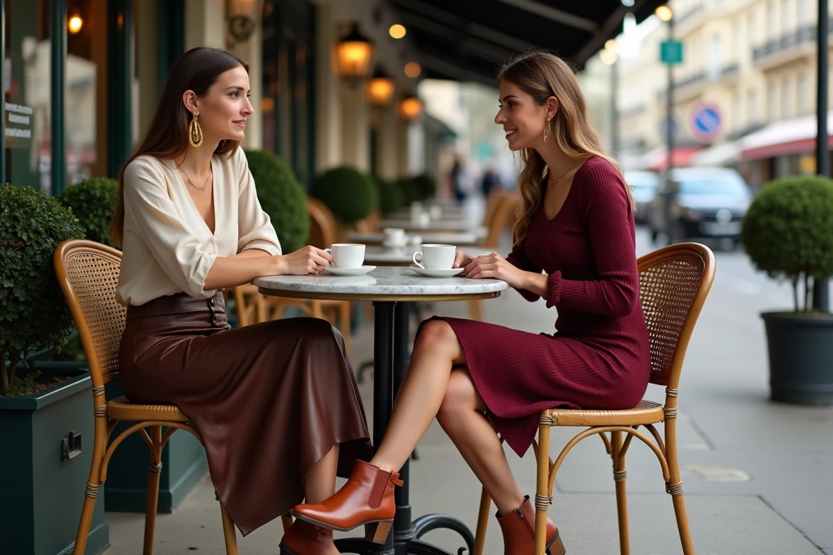 Deux femmes élégamment vêtues aux dernières tendances parisiennes attablées en terrasse dans un café parisien classique