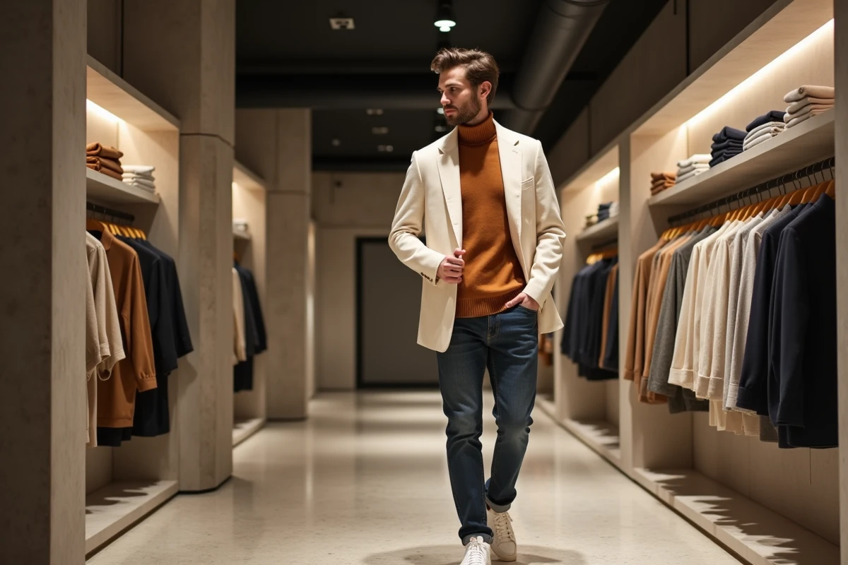 Homme tendance en blazer écru et col roulé terracotta dans un concept store parisien minimaliste