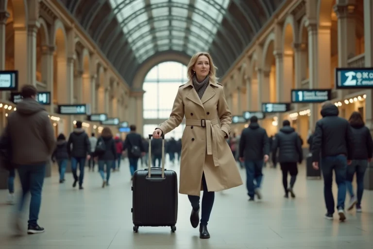 Voyageuse avec valise traversant le hall de la gare Lille Flandres en direction de Lille Europe