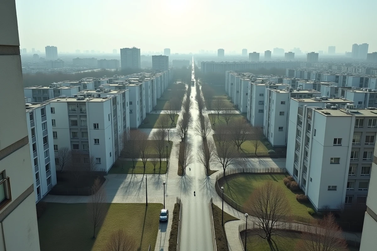 Vue aérienne d'une cité résidentielle avec tours HLM et espaces bétonnés dans un quartier de Noisy-le-Grand