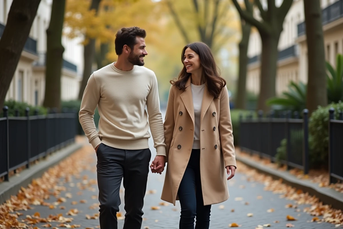 Couple se promenant main dans la main dans une rue pavée de Paris en automne, vie de couple loin des caméras