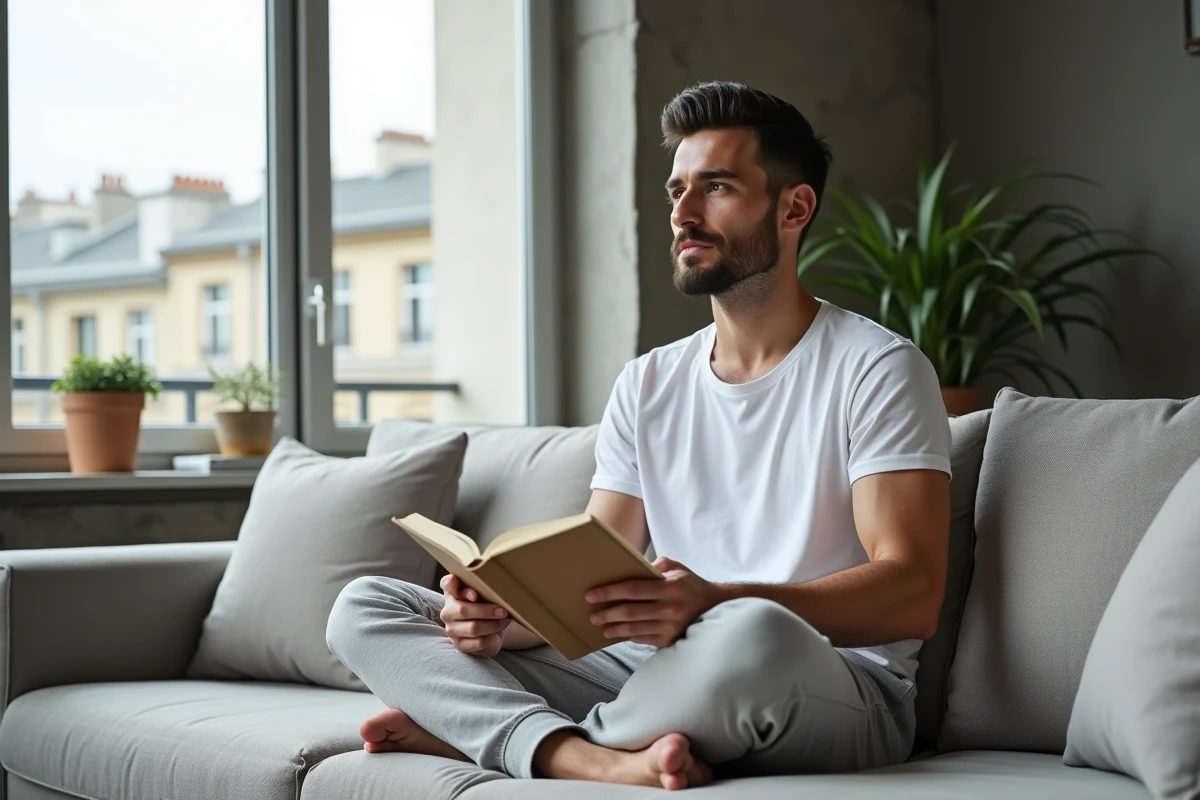 Homme détendu lisant un livre dans un appartement parisien moderne, portrait intimiste vie quotidienne