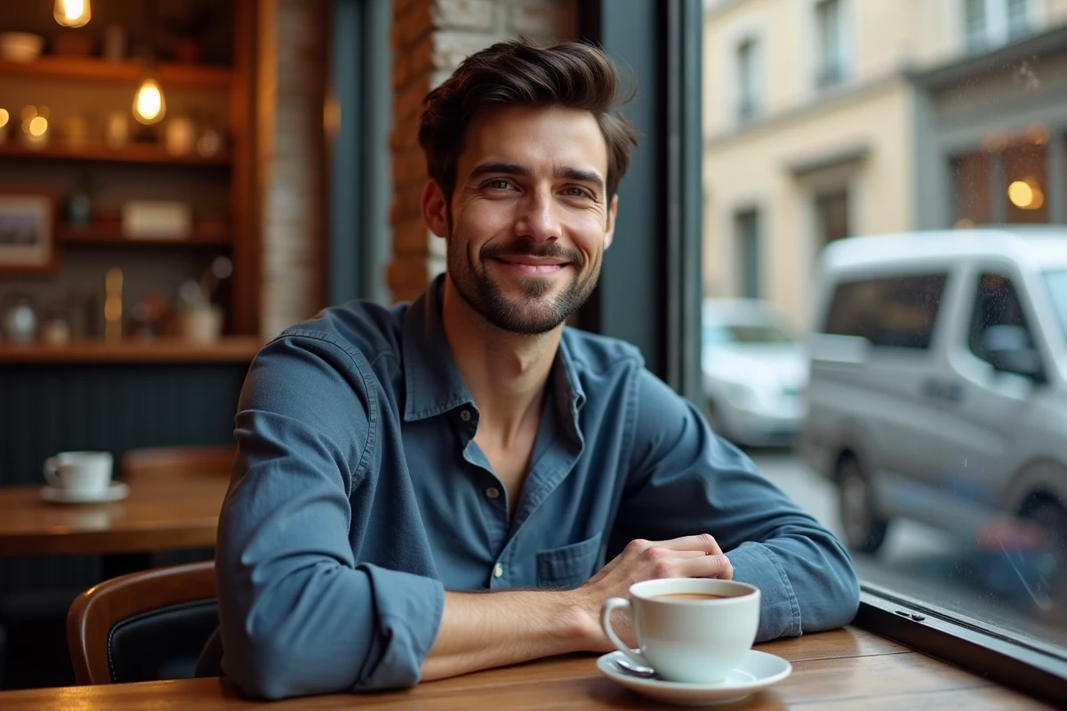 Portrait d'un jeune homme souriant dans un café parisien, ambiance vie privée et moment authentique